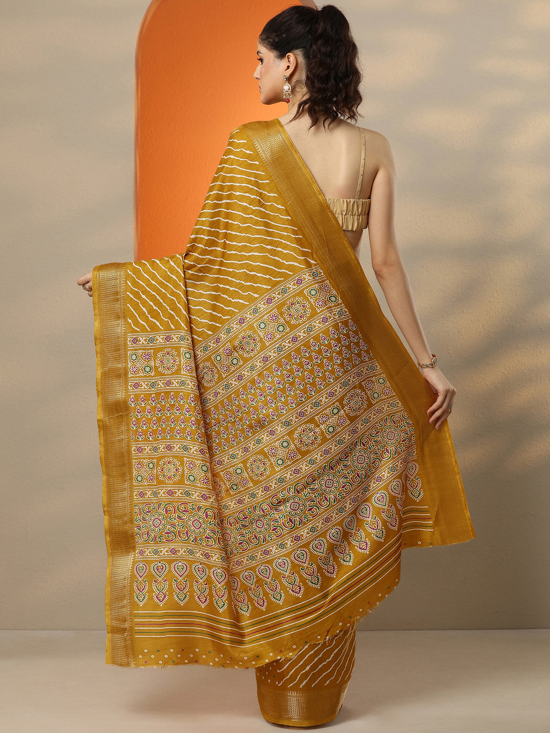  Mustard Leheriya Printed Silk Blend Saree With Unstitched Blouse Picece 