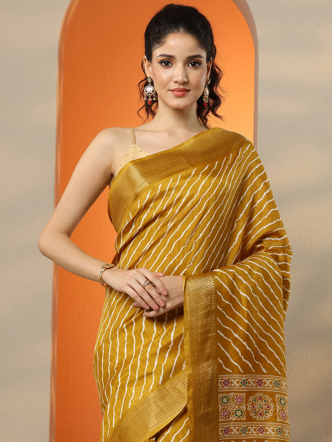  Mustard Leheriya Printed Silk Blend Saree With Unstitched Blouse Picece 