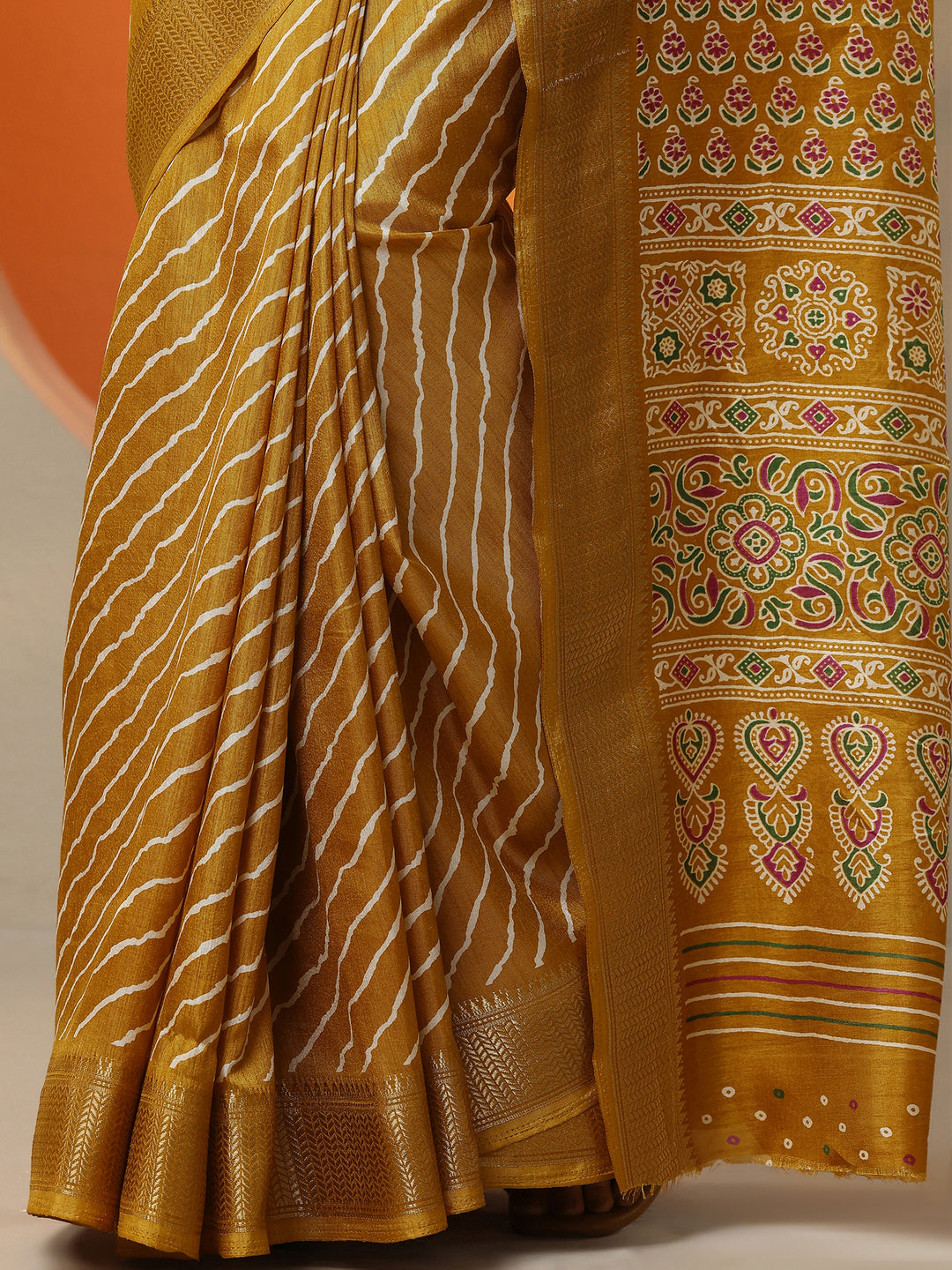  Mustard Leheriya Printed Silk Blend Saree With Unstitched Blouse Picece 