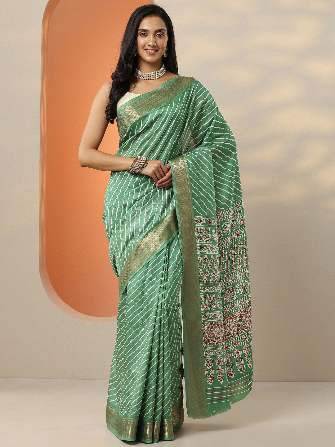  Green Leheriya Printed Silk Blend Saree With Unstitched Blouse Piece 