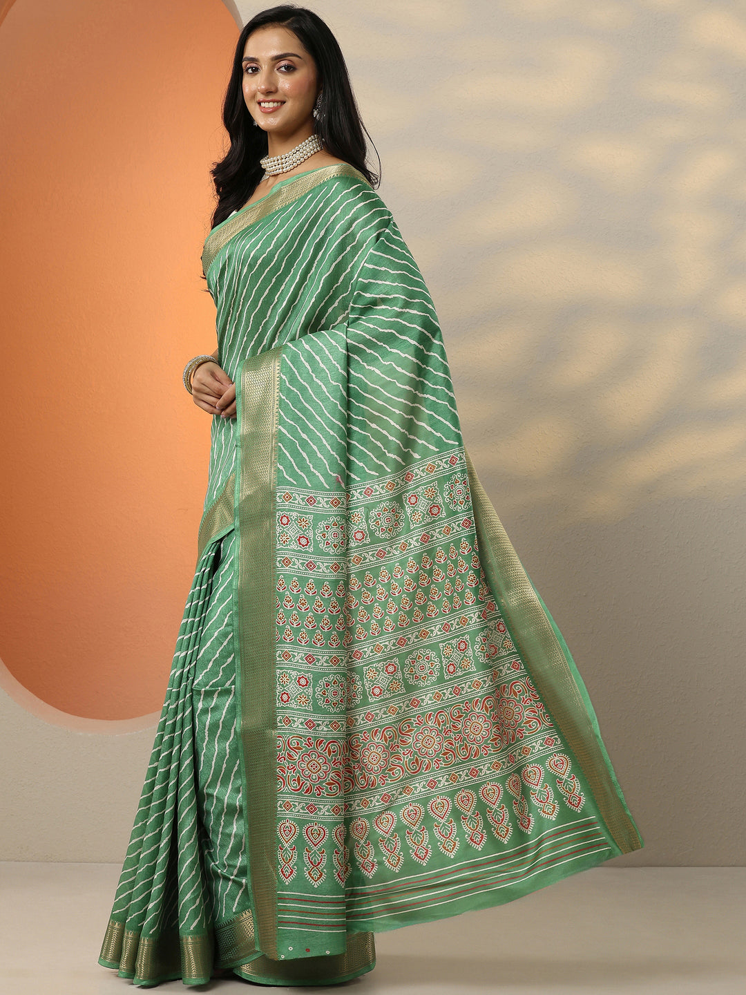  Green Leheriya Printed Silk Blend Saree With Unstitched Blouse Piece 