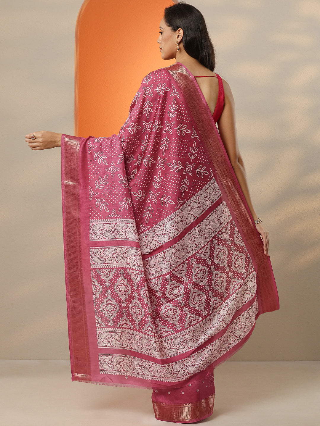  Pink Bandhani Printed Silk Blend Saree With Unstitched Blouse Piece 