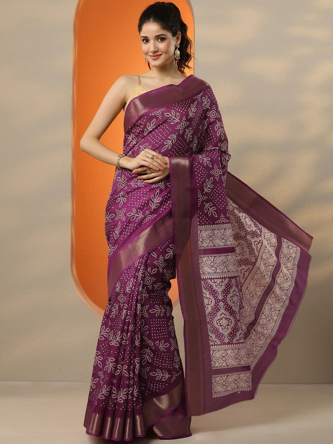 Burgundy Bandhani Printed Silk Blend Saree With Unstitched Blouse Piece 