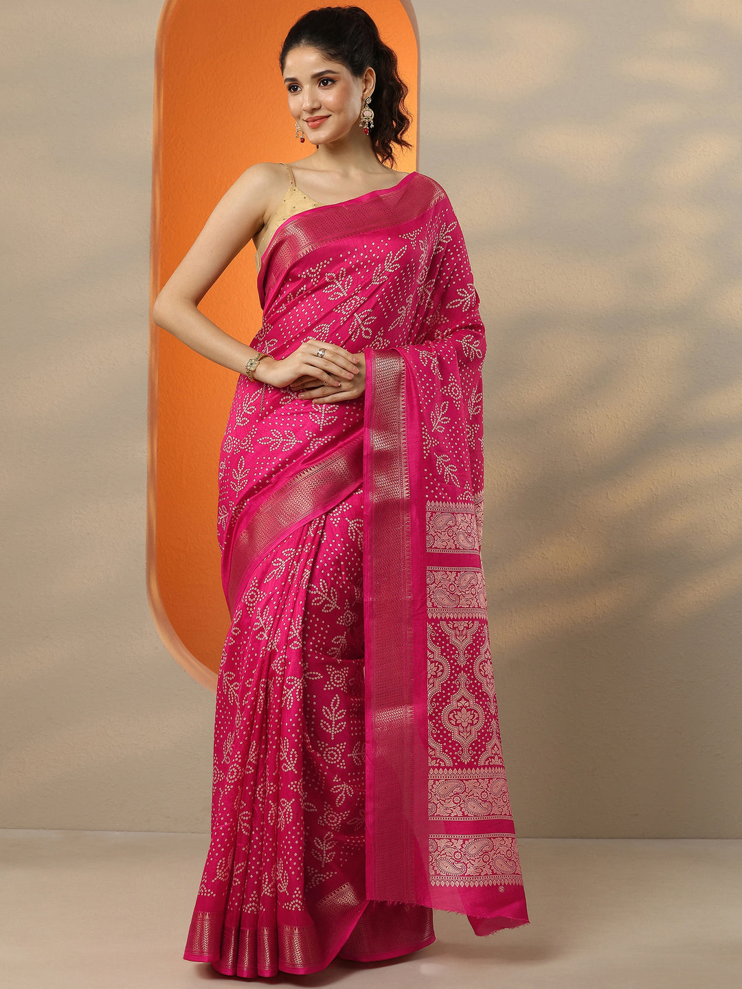  Pink Bandhani Printed Silk Blend Saree With Unstitched Blouse Piece 