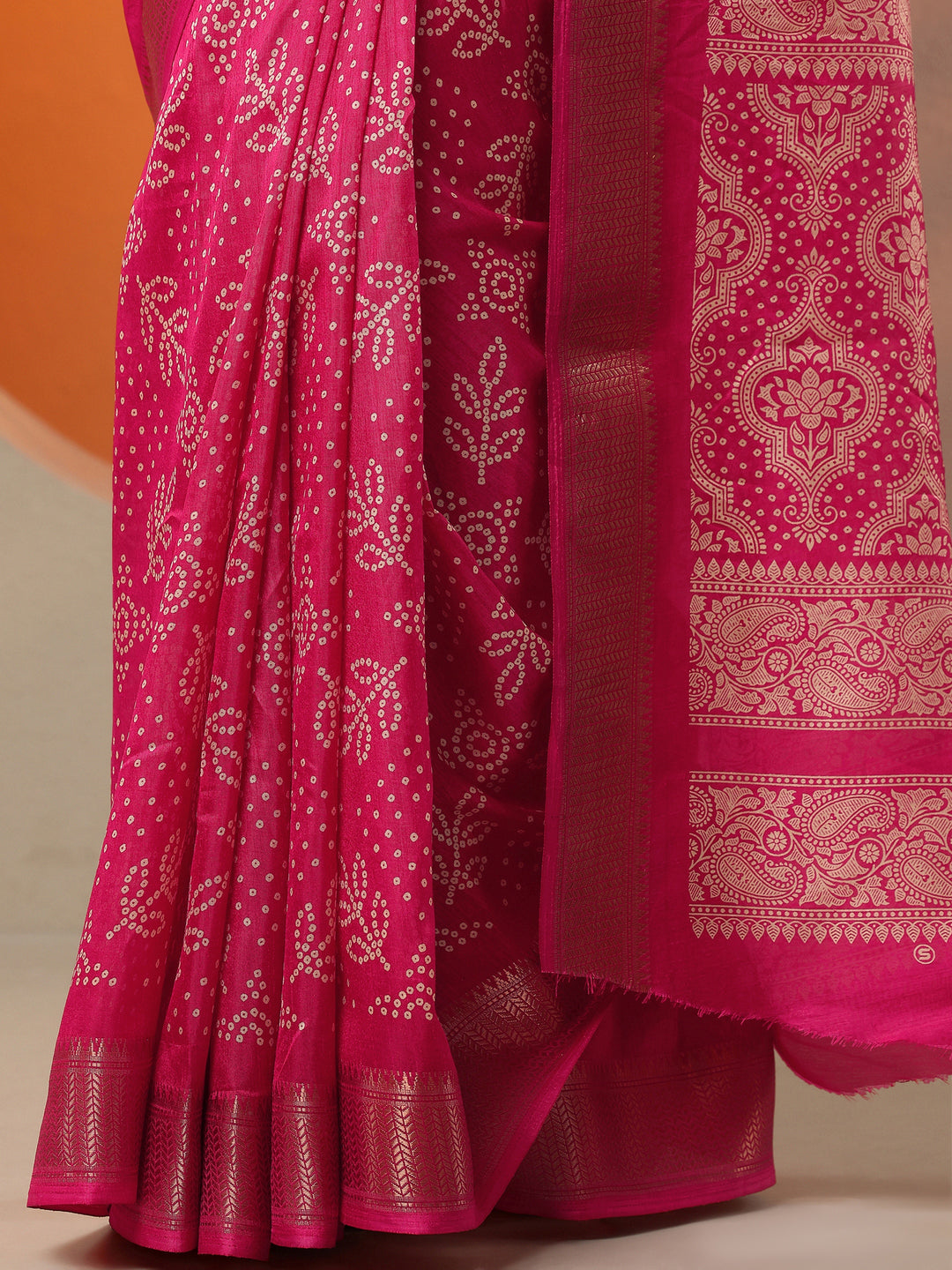  Pink Bandhani Printed Silk Blend Saree With Unstitched Blouse Piece 