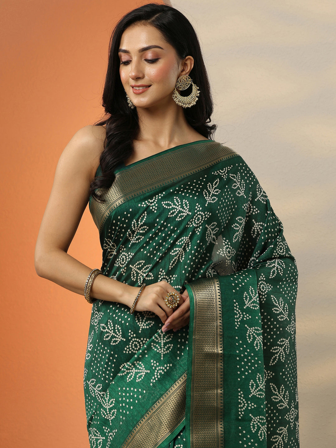  Green Bandhani Printed Silk Blend Saree With Unstitched Blouse Piece 