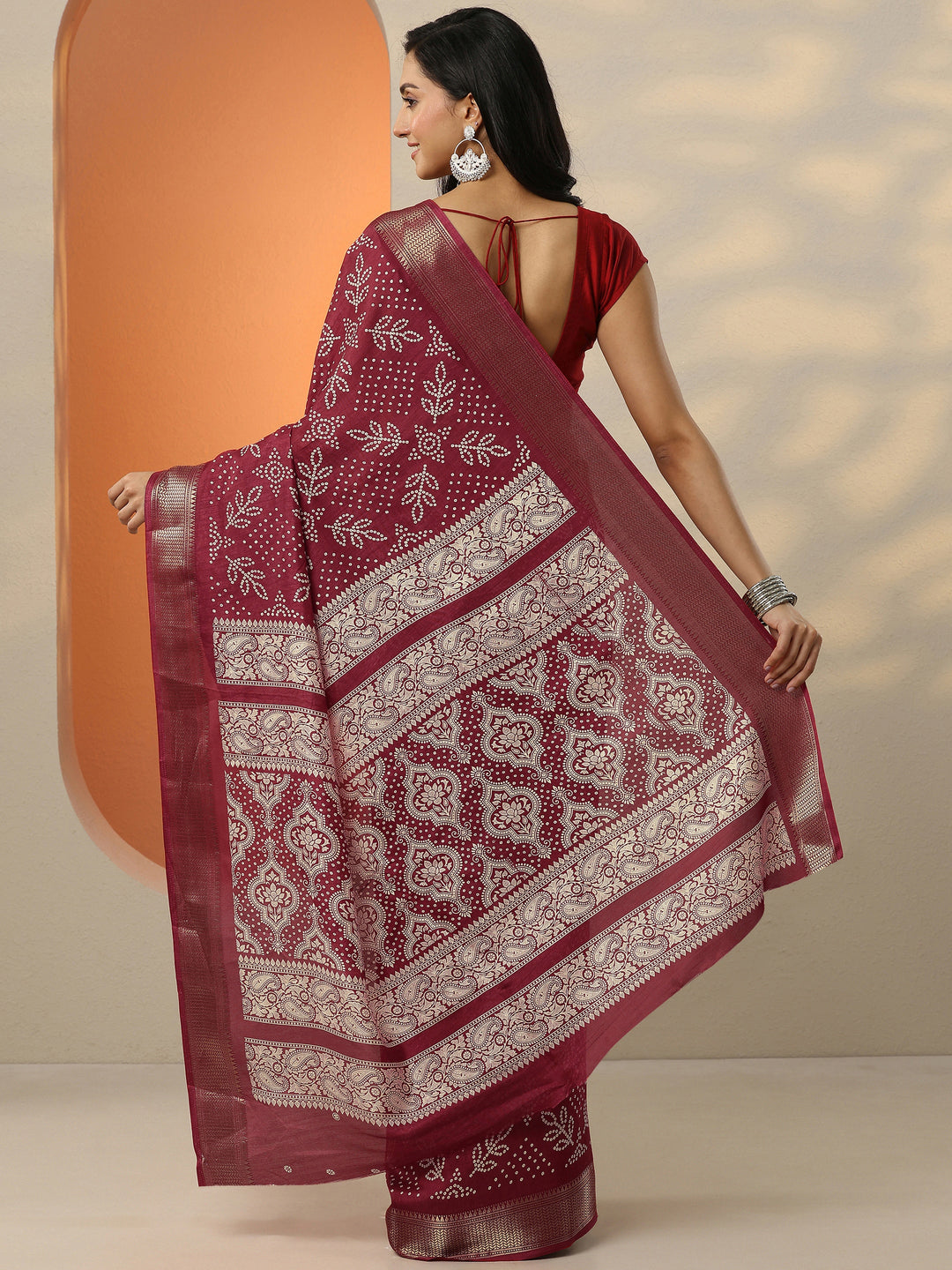  Red Bandhani Printed Silk Blend Saree With Unstitched Blouse Piece 
