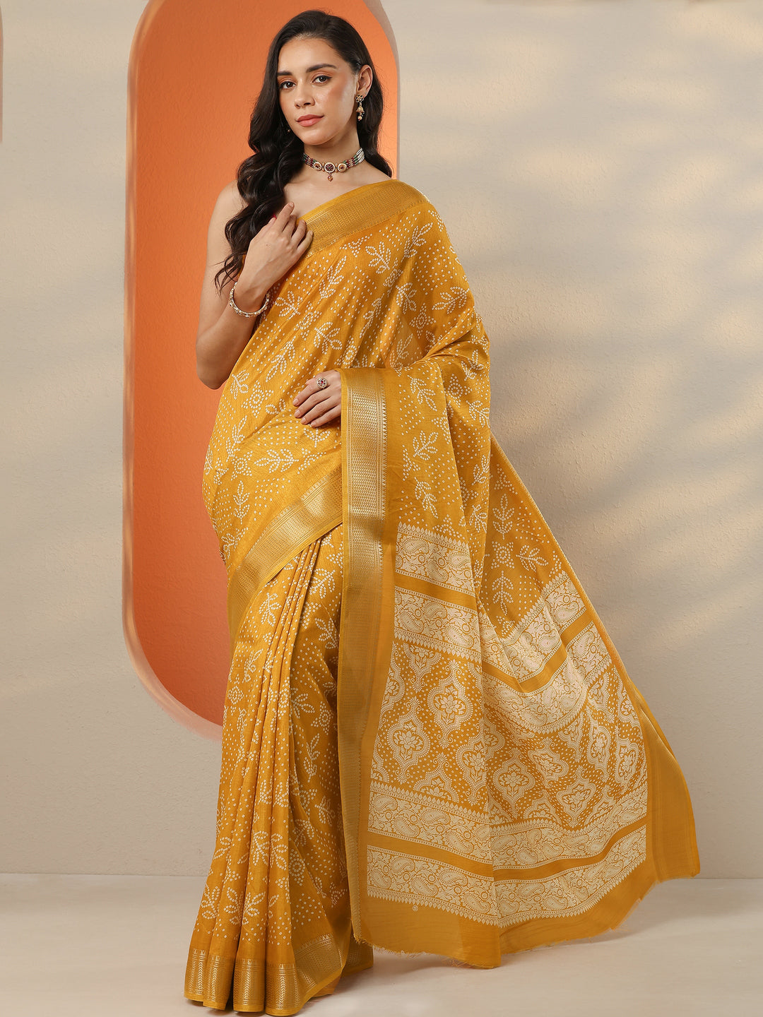  Mustard Bandhani Printed Silk Blend Saree With Unstitched Blouse Piece 