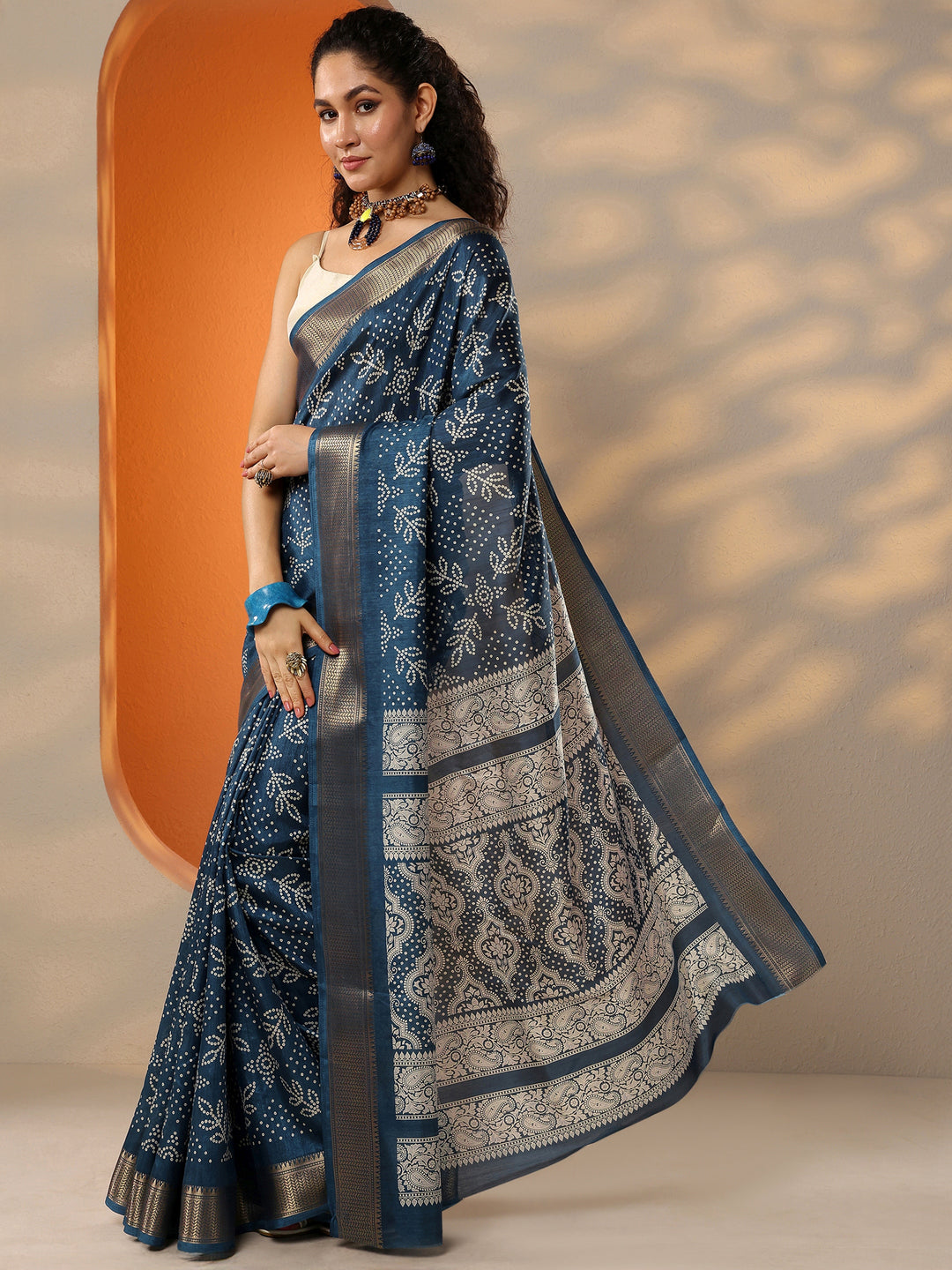 Navy Blue Bandhani Printed Silk Blend Saree With Unstitched Blouse Piece 