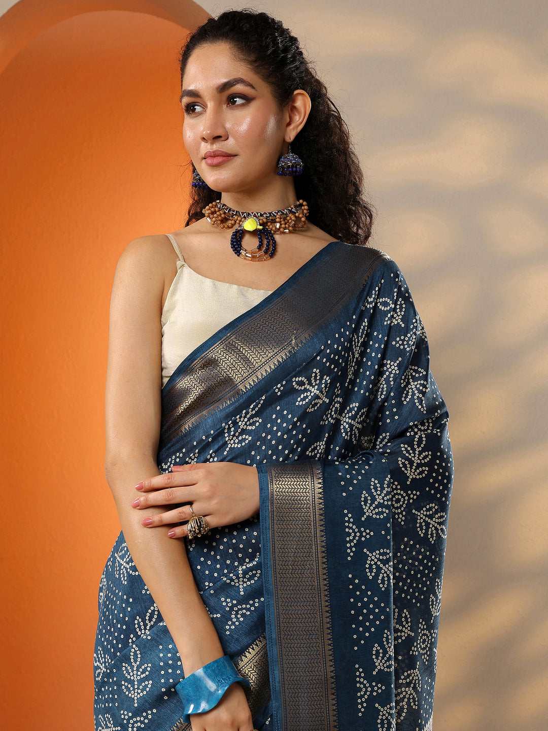  Navy Blue Bandhani Printed Silk Blend Saree With Unstitched Blouse Piece 