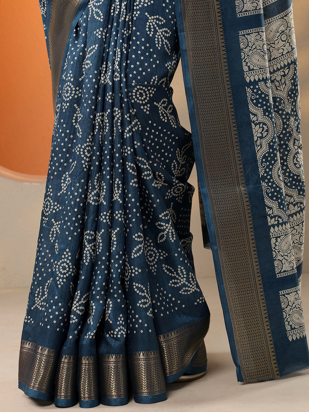  Navy Blue Bandhani Printed Silk Blend Saree With Unstitched Blouse Piece 