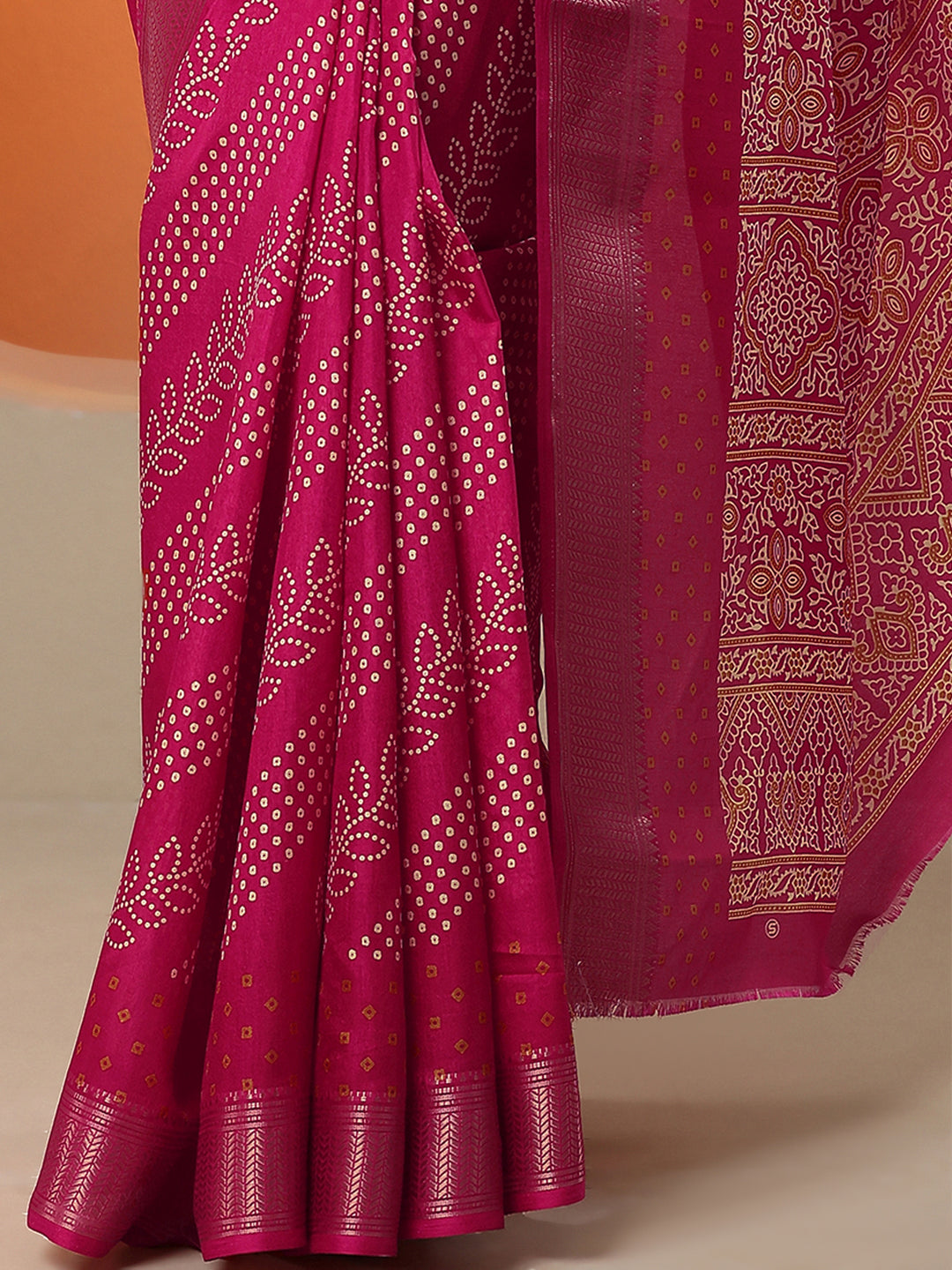  Magenta Bandhani Printed Silk Blend Saree With Unstitched Blouse Piece 