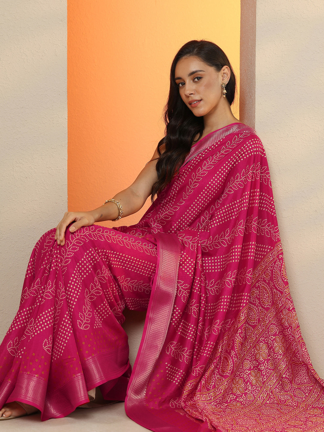  Magenta Bandhani Printed Silk Blend Saree With Unstitched Blouse Piece 