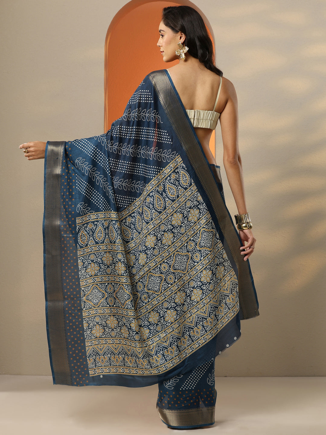  Navy Blue Bandhani Printed Silk Blend Saree With Unstitched Blouse Piece 