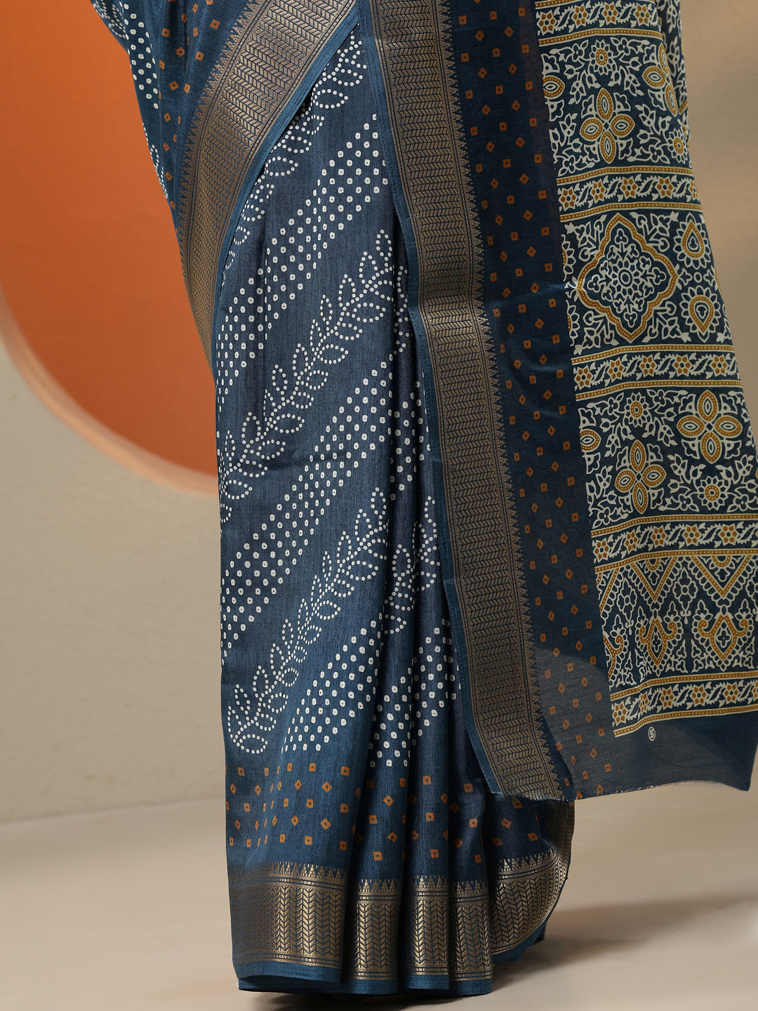  Navy Blue Bandhani Printed Silk Blend Saree With Unstitched Blouse Piece 