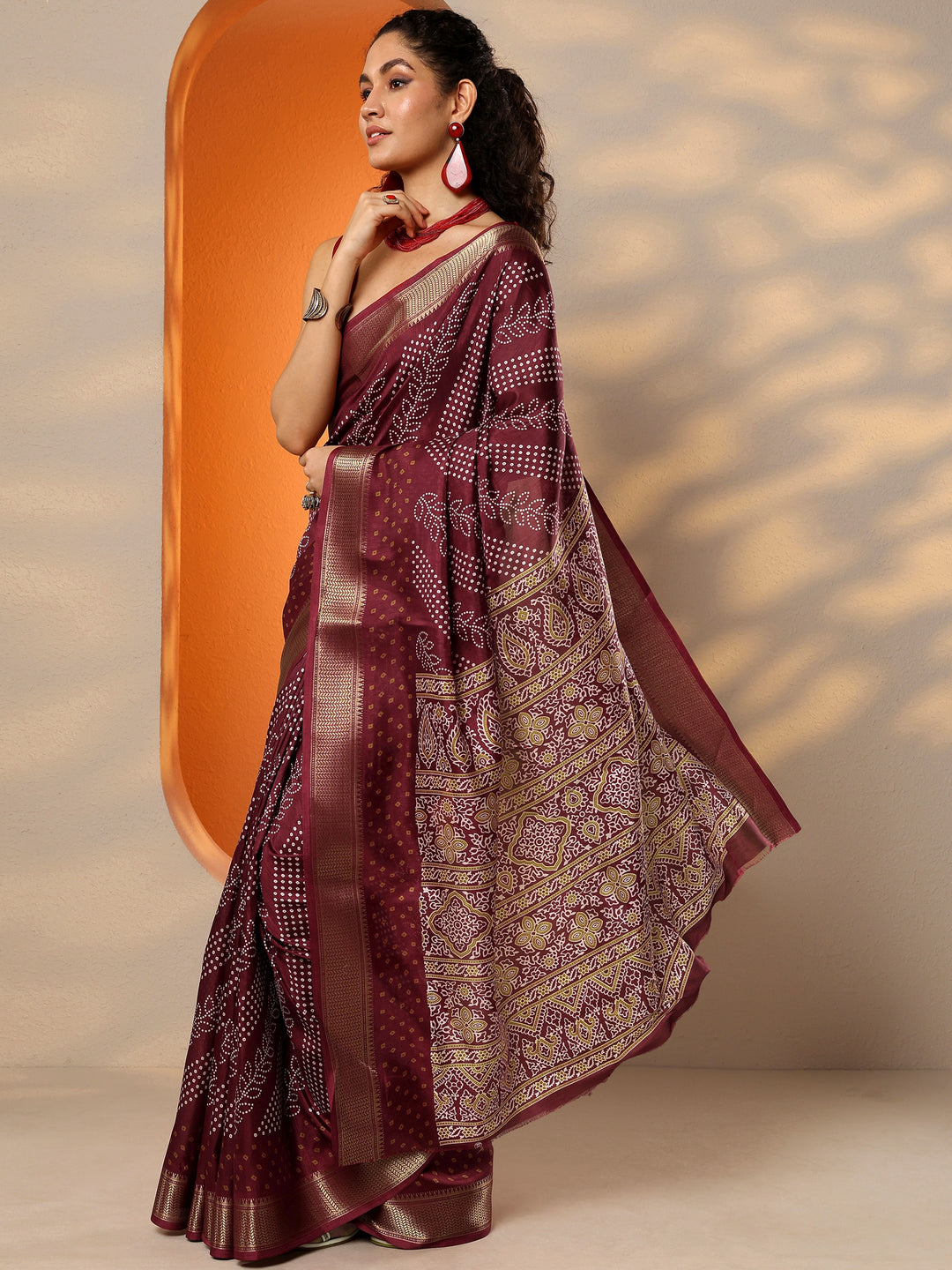  Maroon Bandhani Printed Silk Blend Saree With Unstitched Blouse Piece 