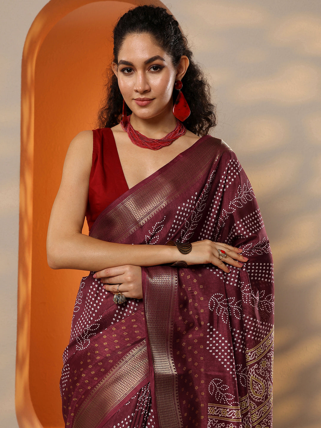  Maroon Bandhani Printed Silk Blend Saree With Unstitched Blouse Piece 
