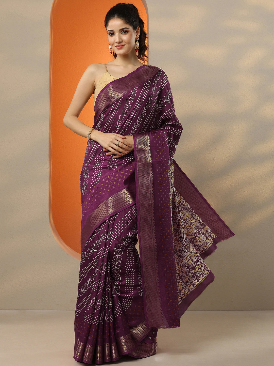  Burgundy Bandhani Printed Silk Blend Saree With Unstitched Blouse Piece 