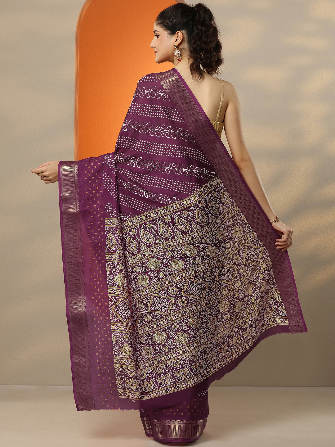  Burgundy Bandhani Printed Silk Blend Saree With Unstitched Blouse Piece 