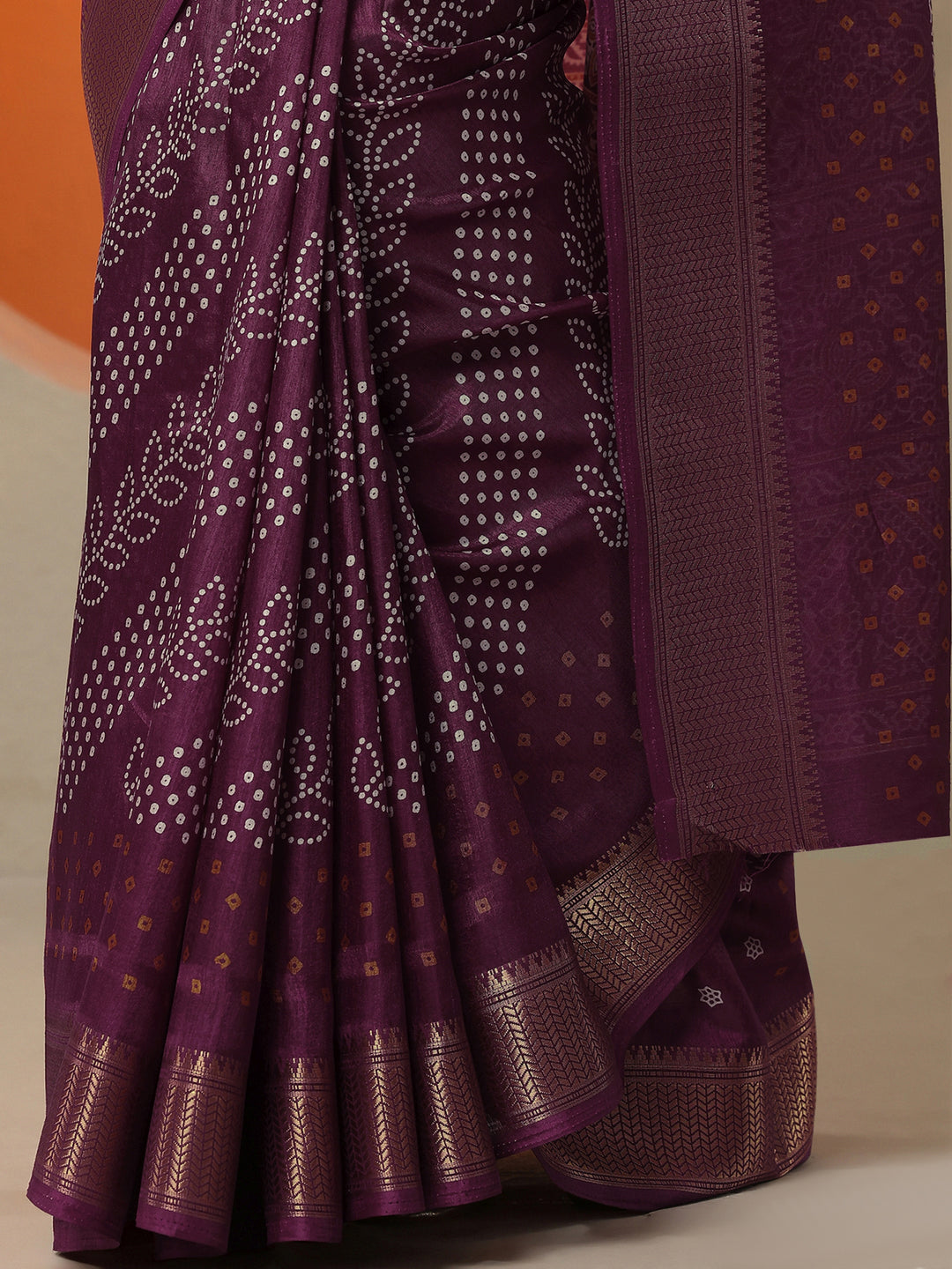  Burgundy Bandhani Printed Silk Blend Saree With Unstitched Blouse Piece 