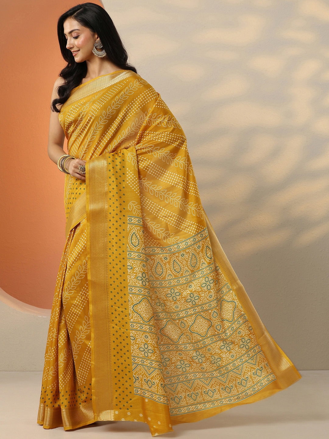  Mustard Bandhani Printed Silk Blend Saree With Unstitched Blouse Piece 