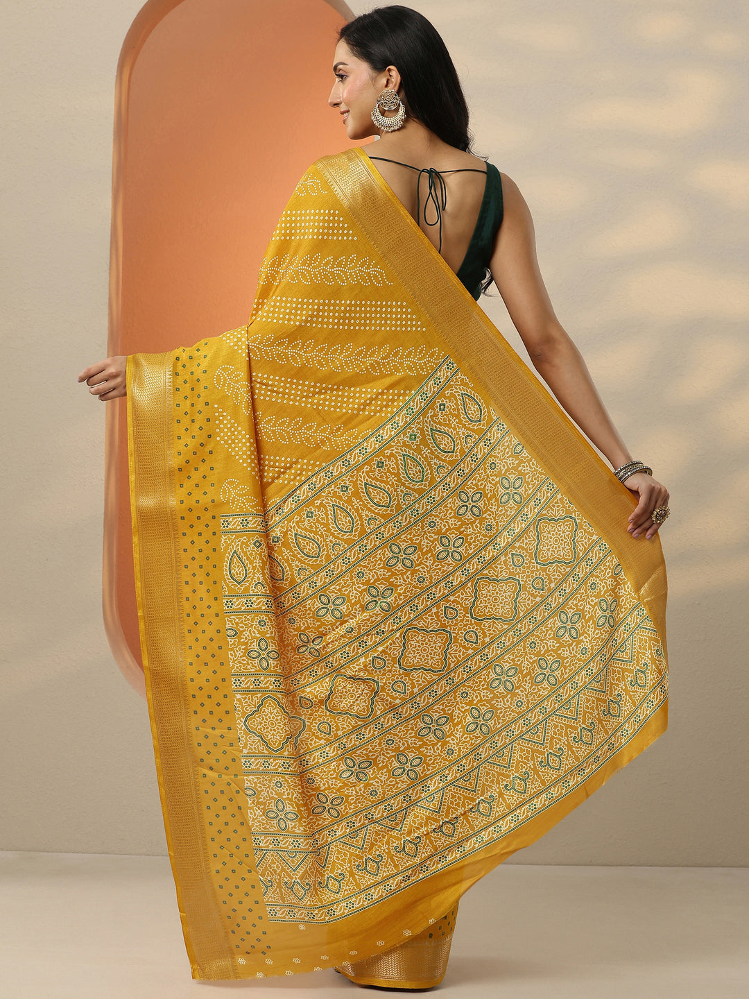  Mustard Bandhani Printed Silk Blend Saree With Unstitched Blouse Piece 