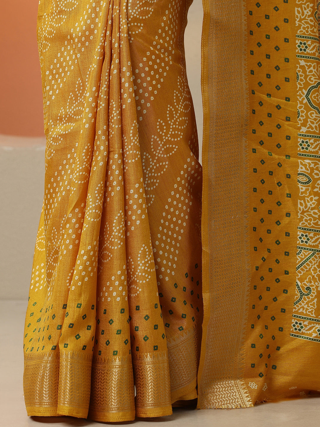  Mustard Bandhani Printed Silk Blend Saree With Unstitched Blouse Piece 
