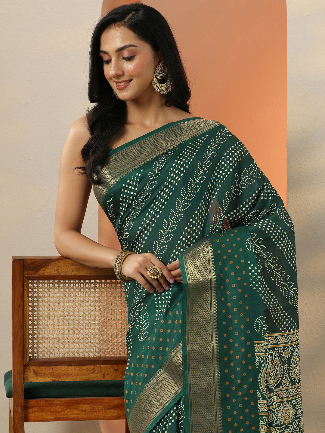  Green Bandhani Printed Silk Blend Saree With Unstitched Blouse Piece 