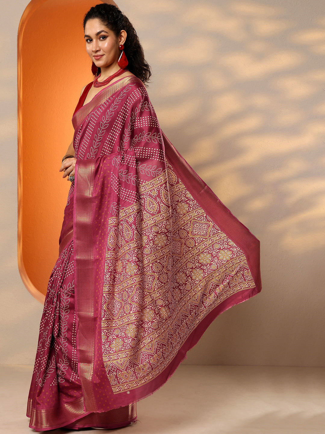  Maroon Bandhani Printed Silk Blend Saree With Unstitched Blouse Piece 
