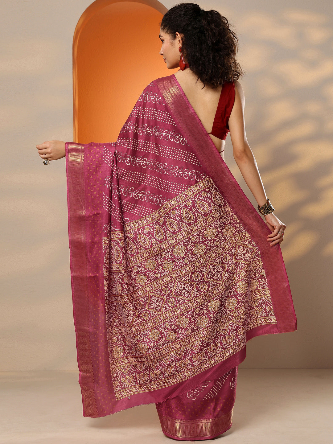  Maroon Bandhani Printed Silk Blend Saree With Unstitched Blouse Piece 