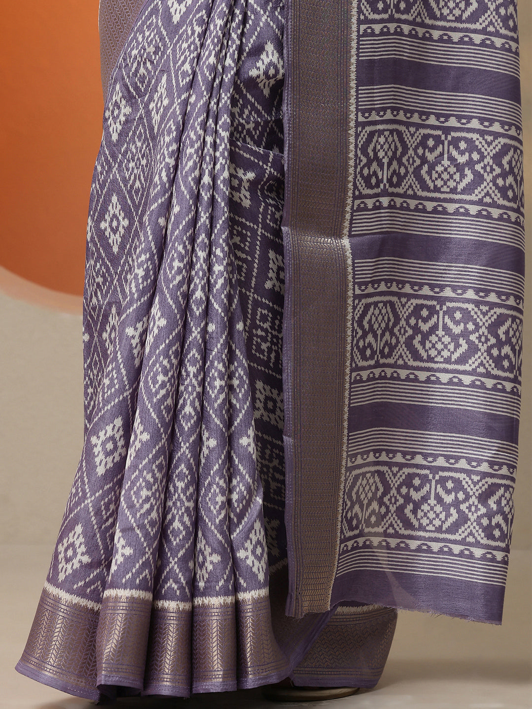  Lavender Printed Silk Blend Saree With Unstitched Blouse Piece 