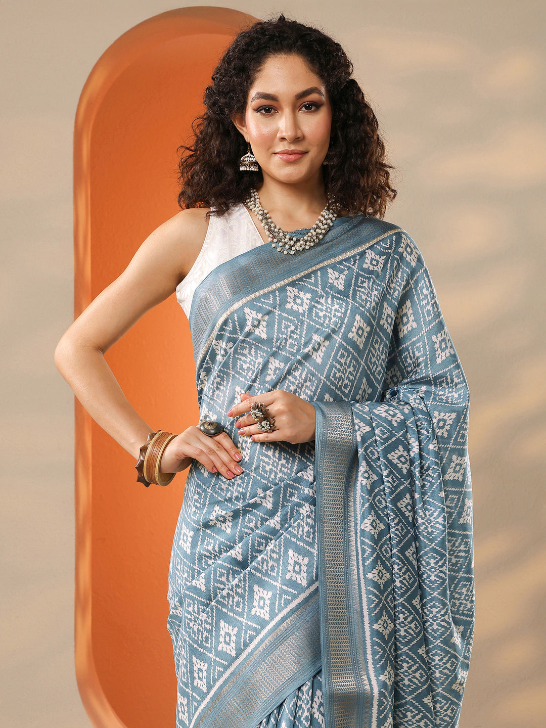  Blue Printed Silk Blend Saree With Unstitched Blouse Piece 