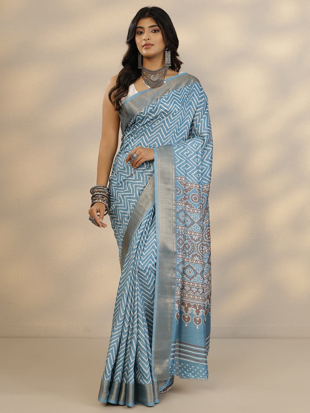  Blue Printed Silk Blend Saree With Unstitched Blouse Piece 