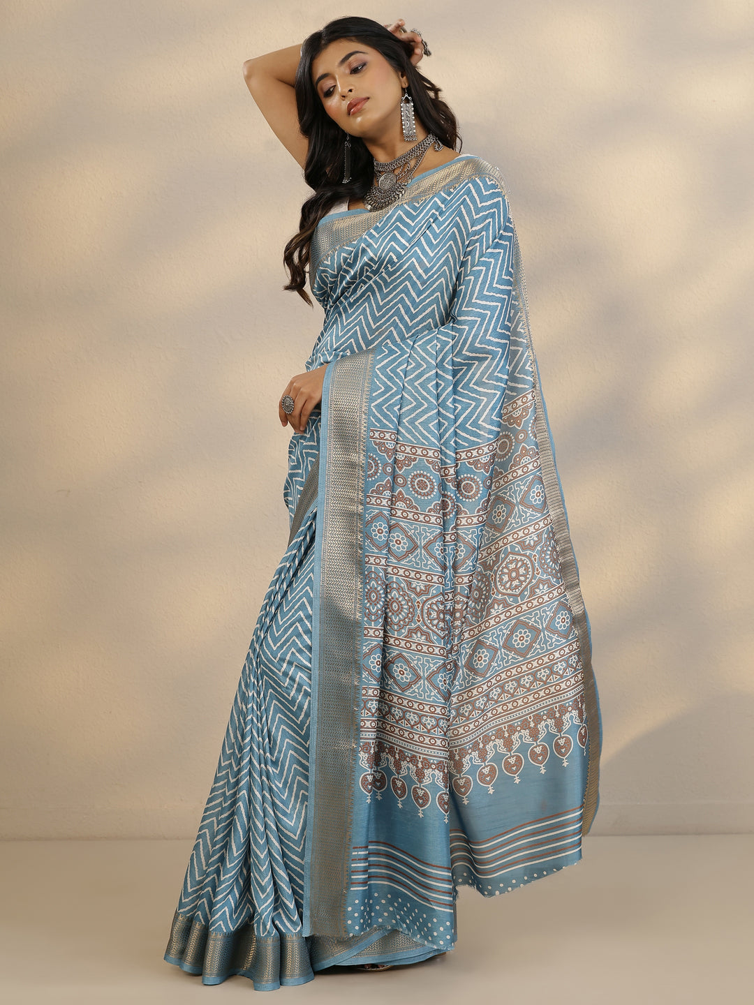  Blue Printed Silk Blend Saree With Unstitched Blouse Piece 