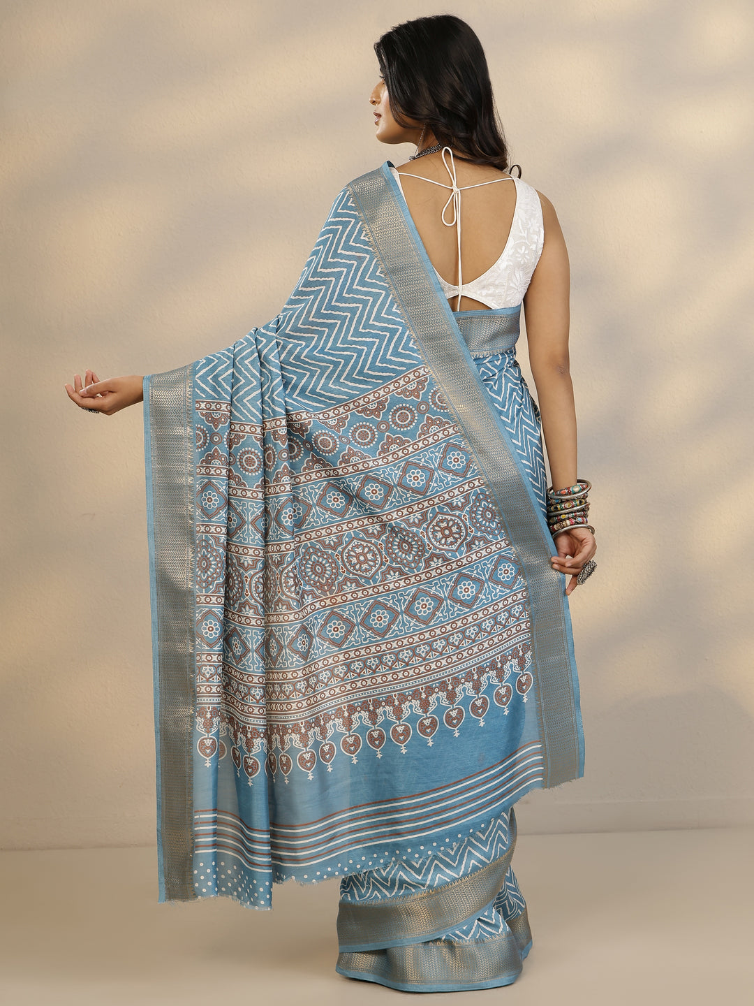  Blue Printed Silk Blend Saree With Unstitched Blouse Piece 