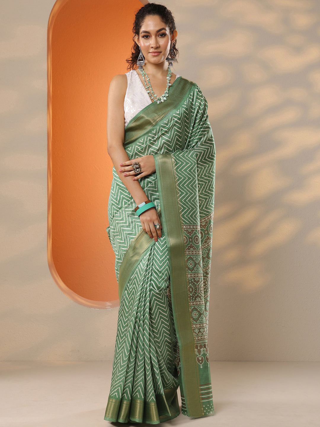  Green Leheriya Printed Silk Blend Saree With Unstitched Blouse Piece 