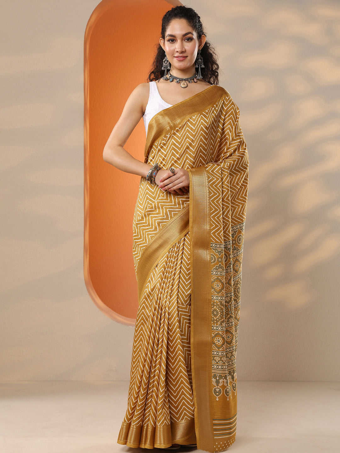  Mustard Leheriya Printed Silk Blend Saree With Unstitched Blouse Piece 