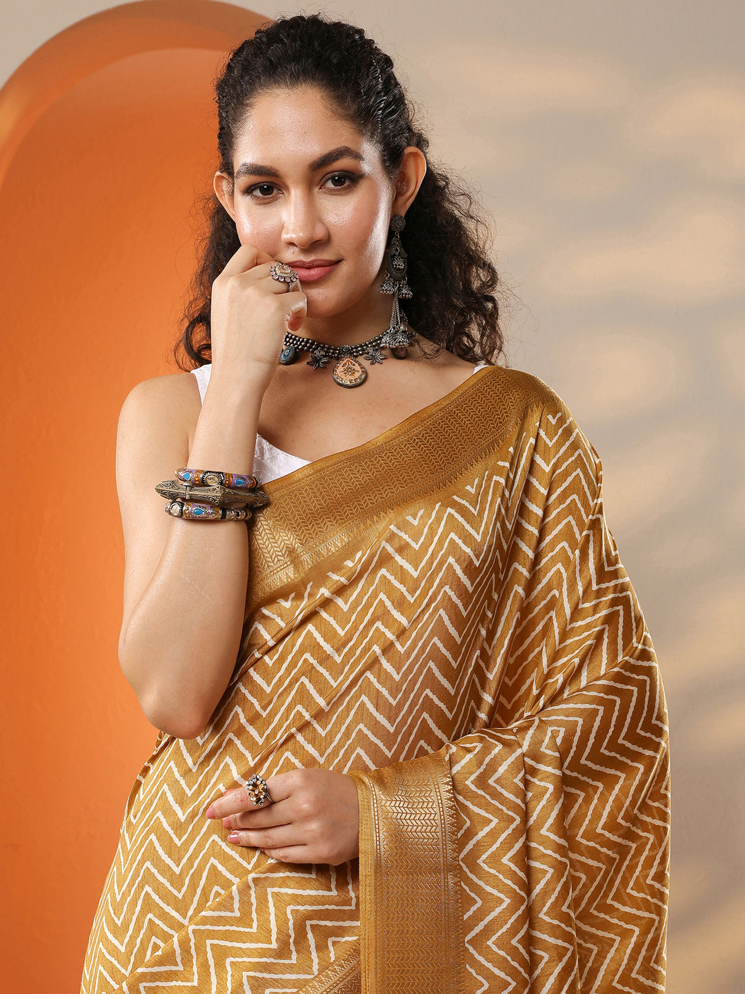  Mustard Leheriya Printed Silk Blend Saree With Unstitched Blouse Piece 