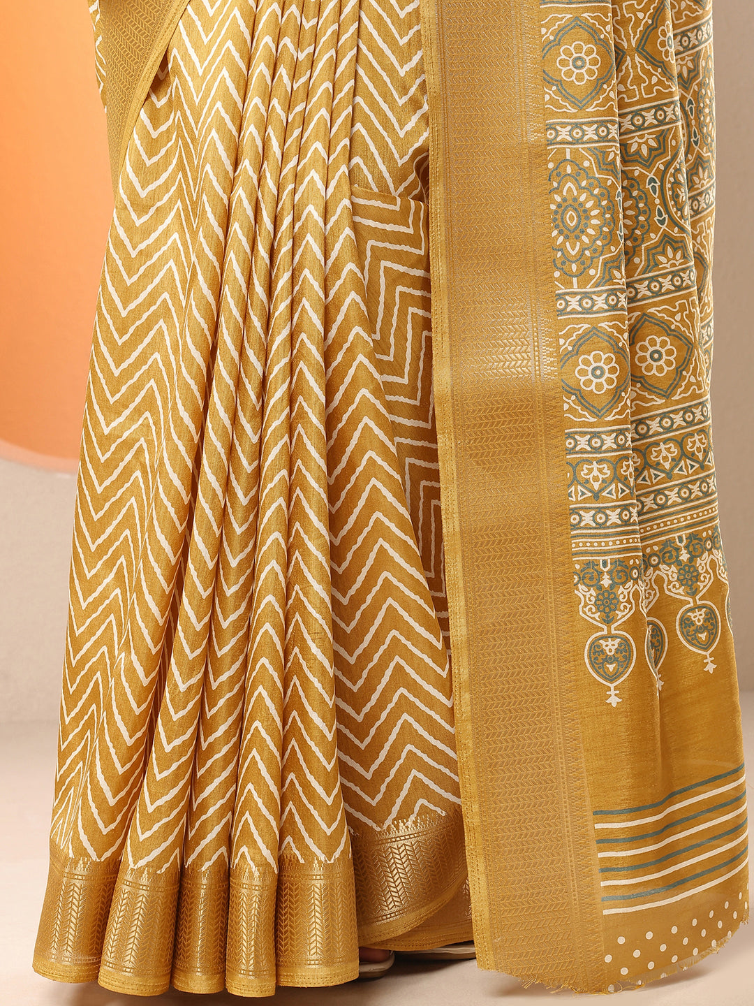  Mustard Leheriya Printed Silk Blend Saree With Unstitched Blouse Piece 