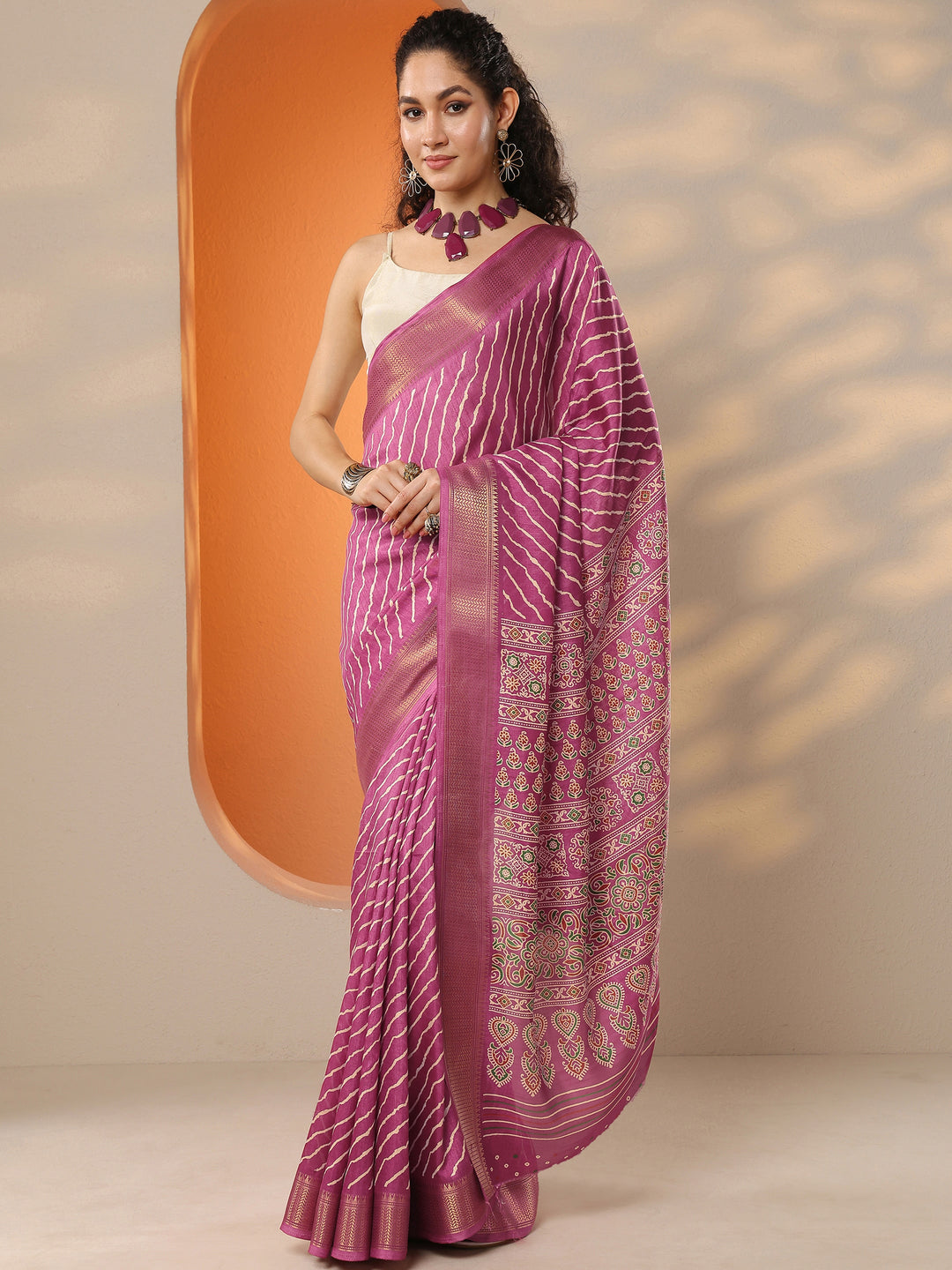  Pink Leheriya Printed Silk Blend Saree With Unstitched Blouse Piece 