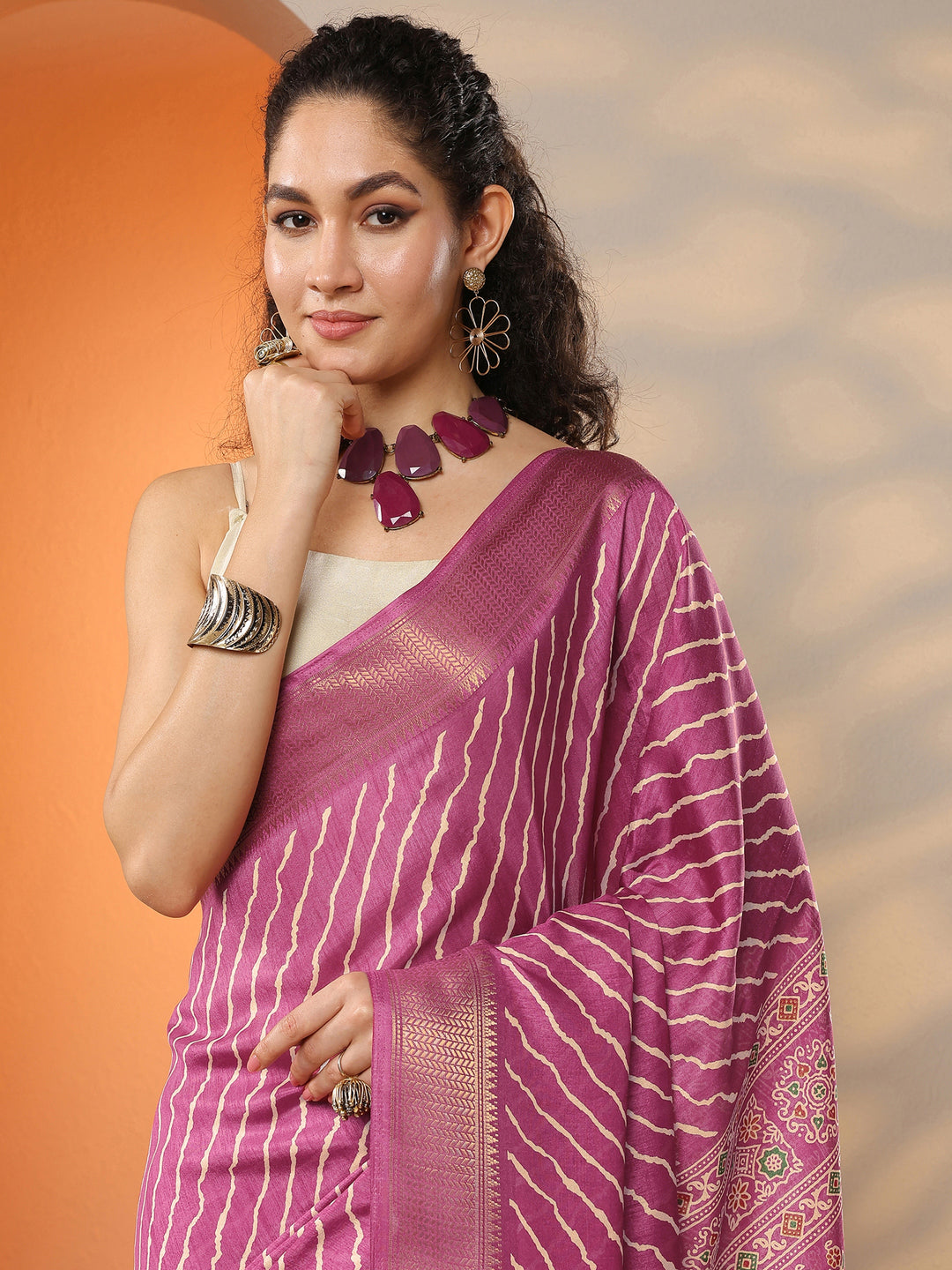  Pink Leheriya Printed Silk Blend Saree With Unstitched Blouse Piece 