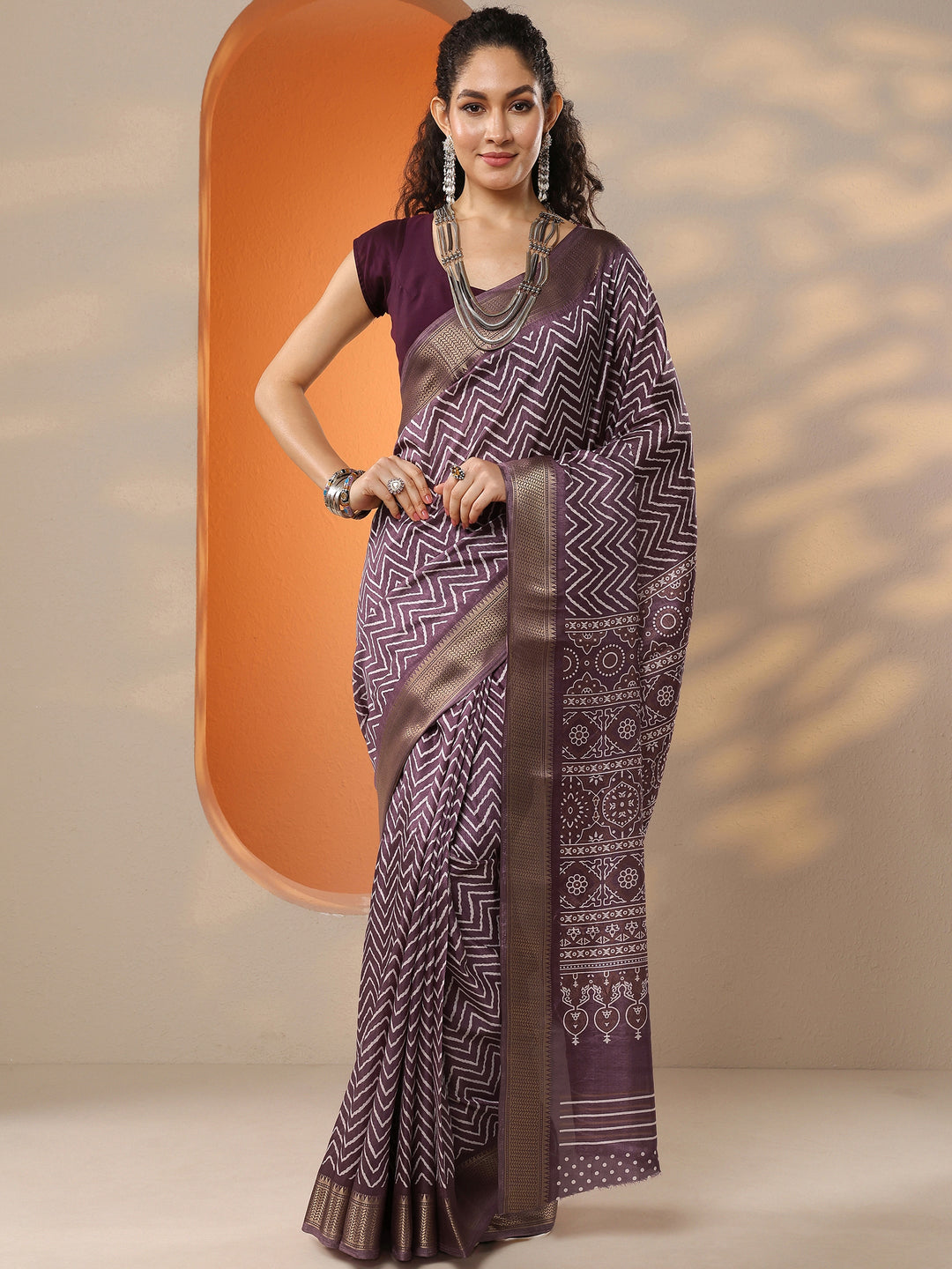  Brown Leheriya Printed Silk Blend Saree With Unstitched Blouse Piece 