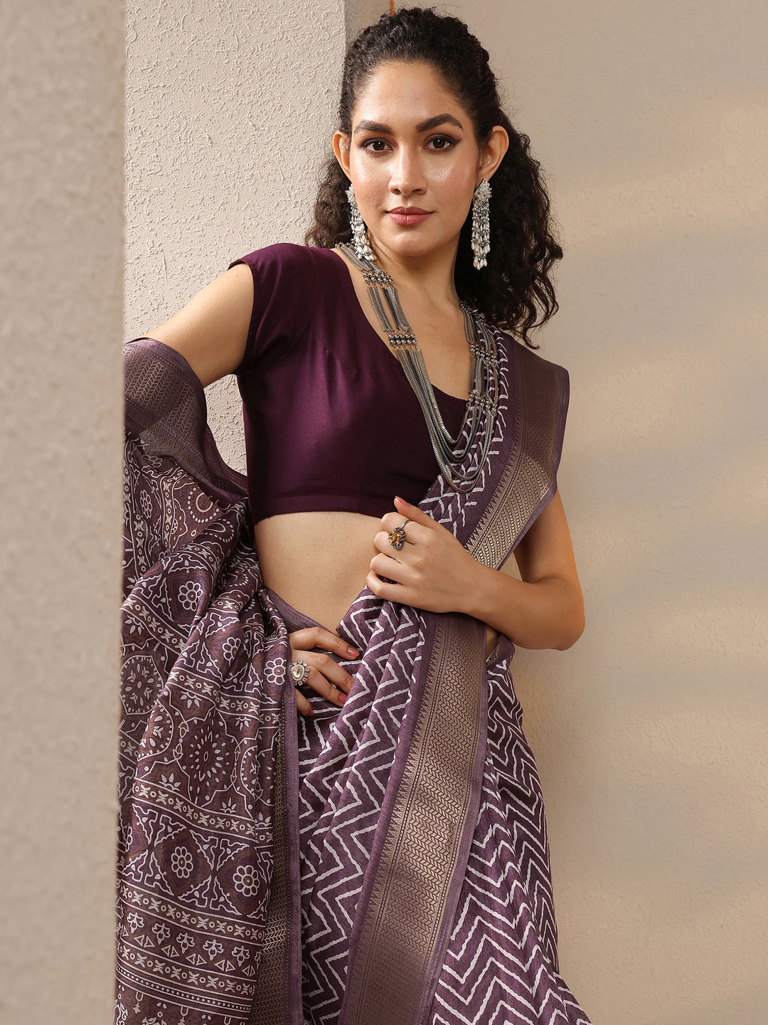  Brown Leheriya Printed Silk Blend Saree With Unstitched Blouse Piece 
