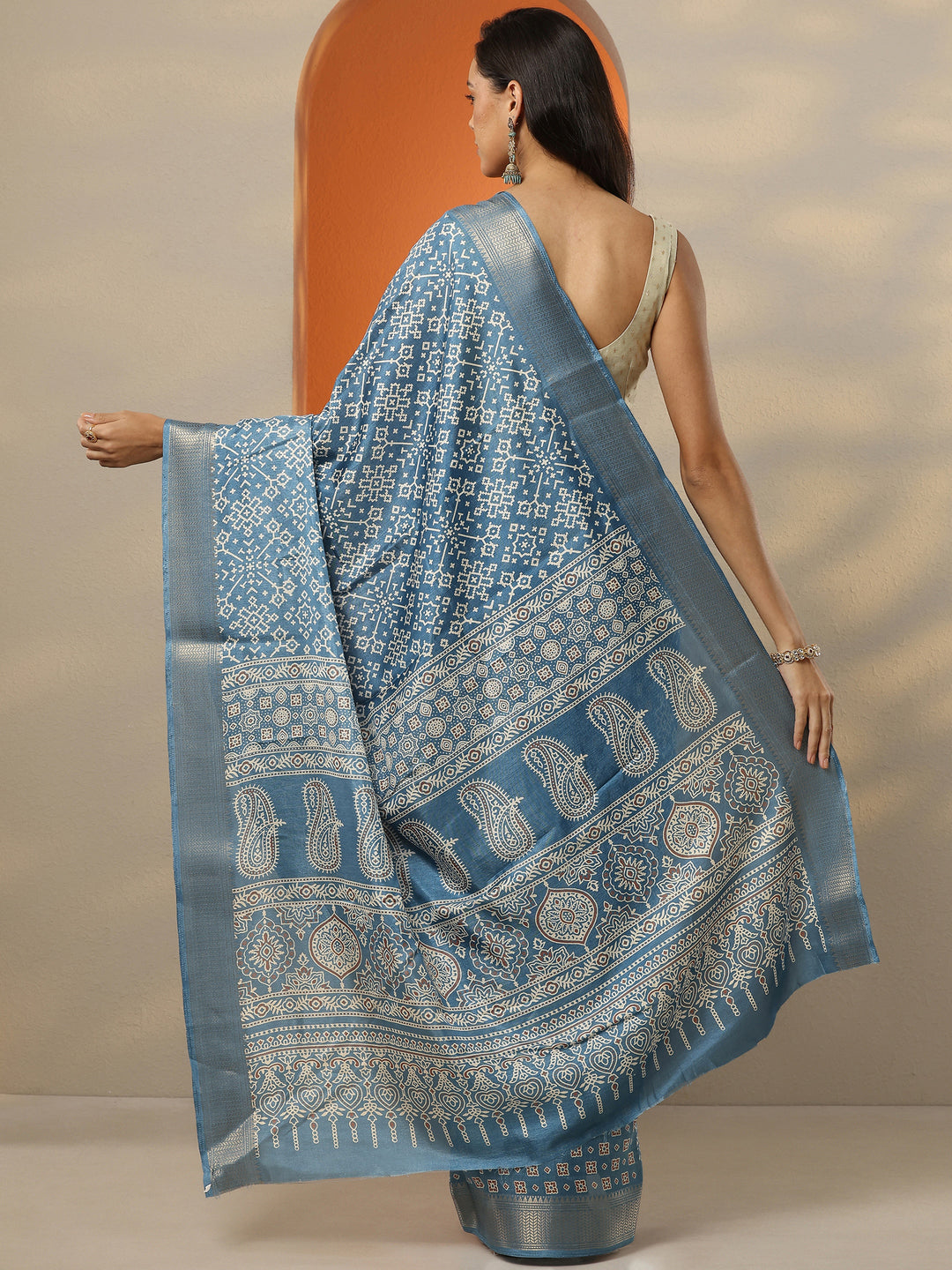  Blue Printed Silk Blend Saree With Unstitched Blouse Piece 