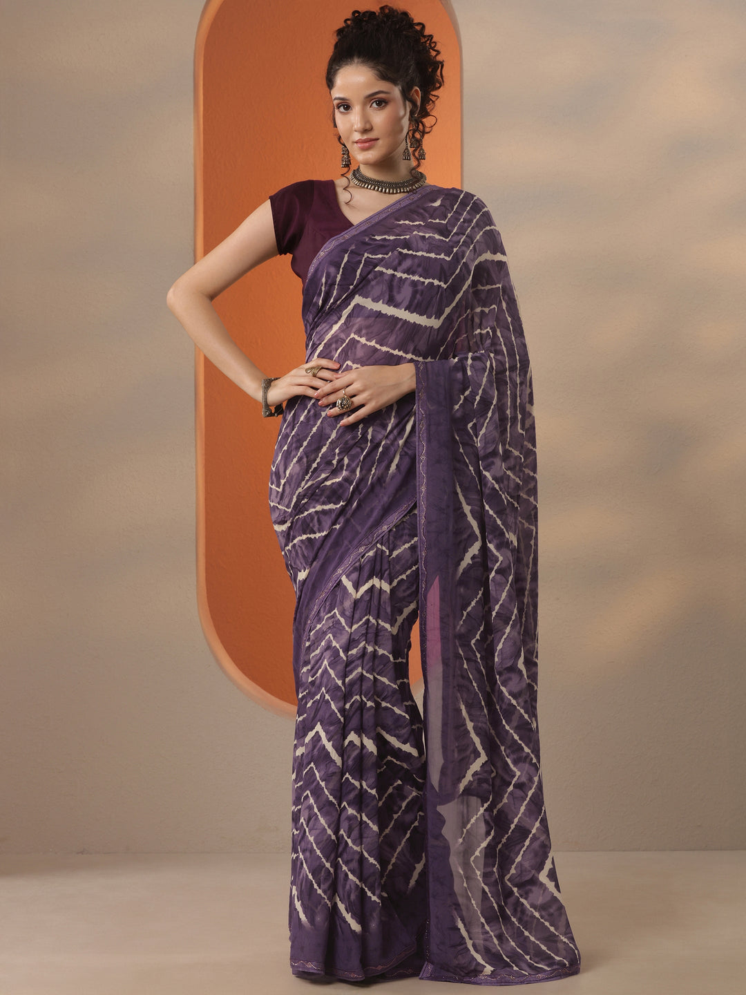  Purple Leheriya Printed Georgette Saree With Unstitched Blouse Piece 