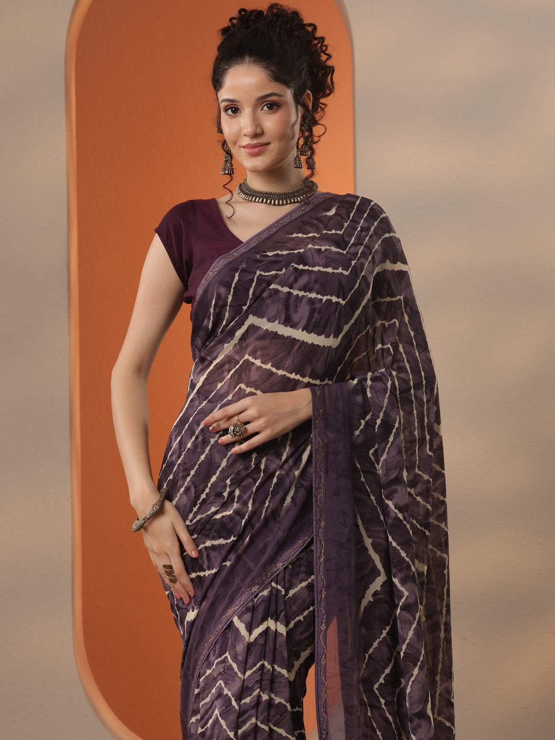  Purple Leheriya Printed Georgette Saree With Unstitched Blouse Piece 