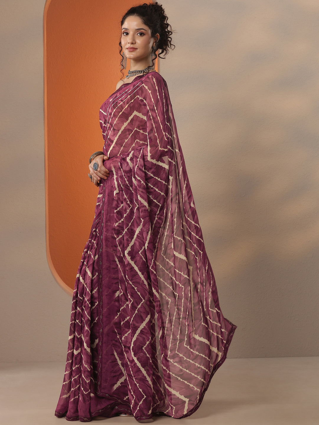  Maroon Leheriya Printed Georgette Saree With Unstitched Blouse Piece 