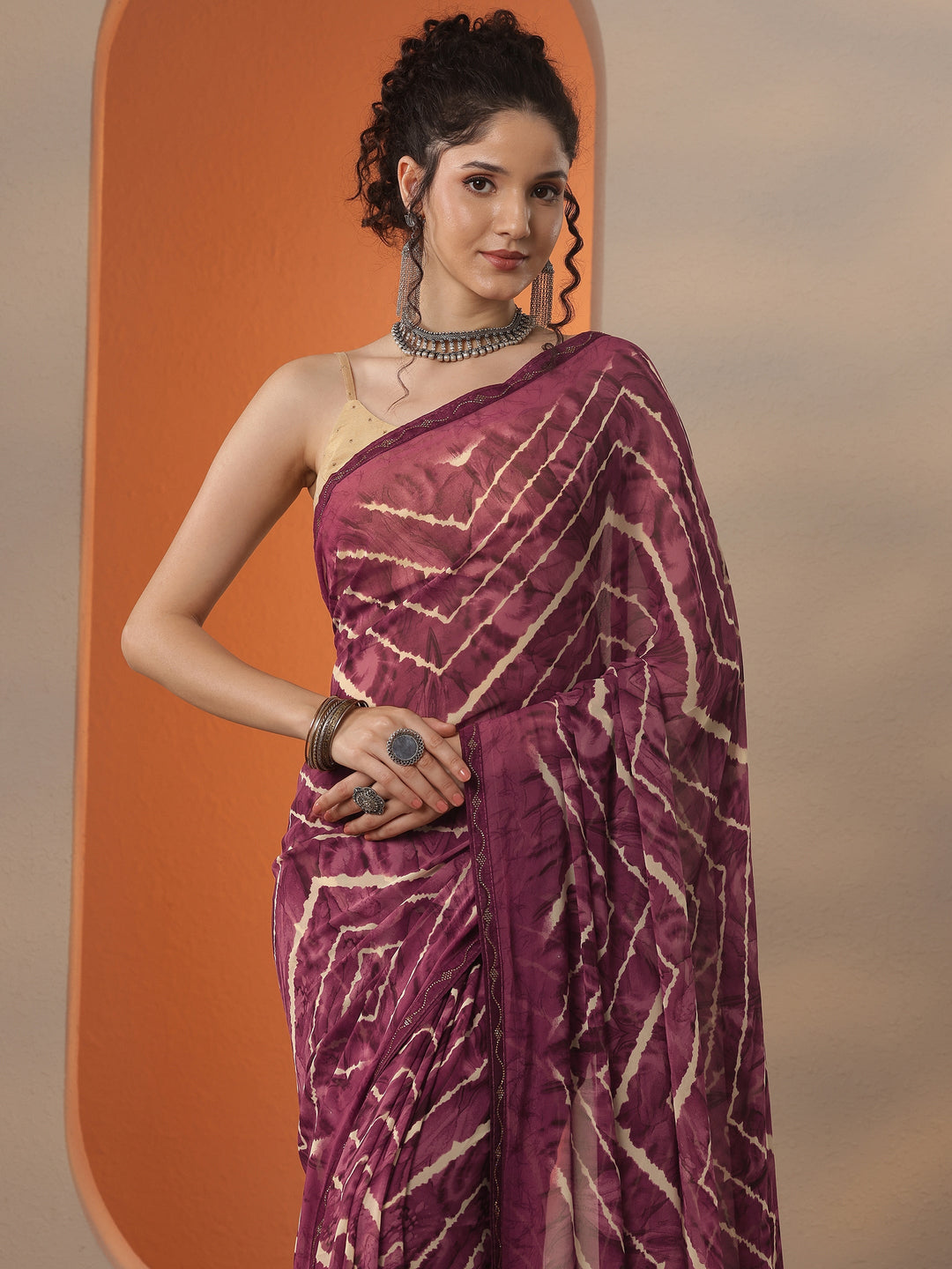  Maroon Leheriya Printed Georgette Saree With Unstitched Blouse Piece 