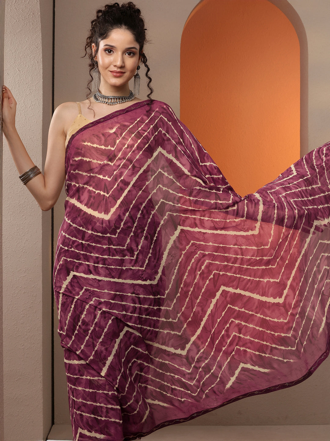  Maroon Leheriya Printed Georgette Saree With Unstitched Blouse Piece 