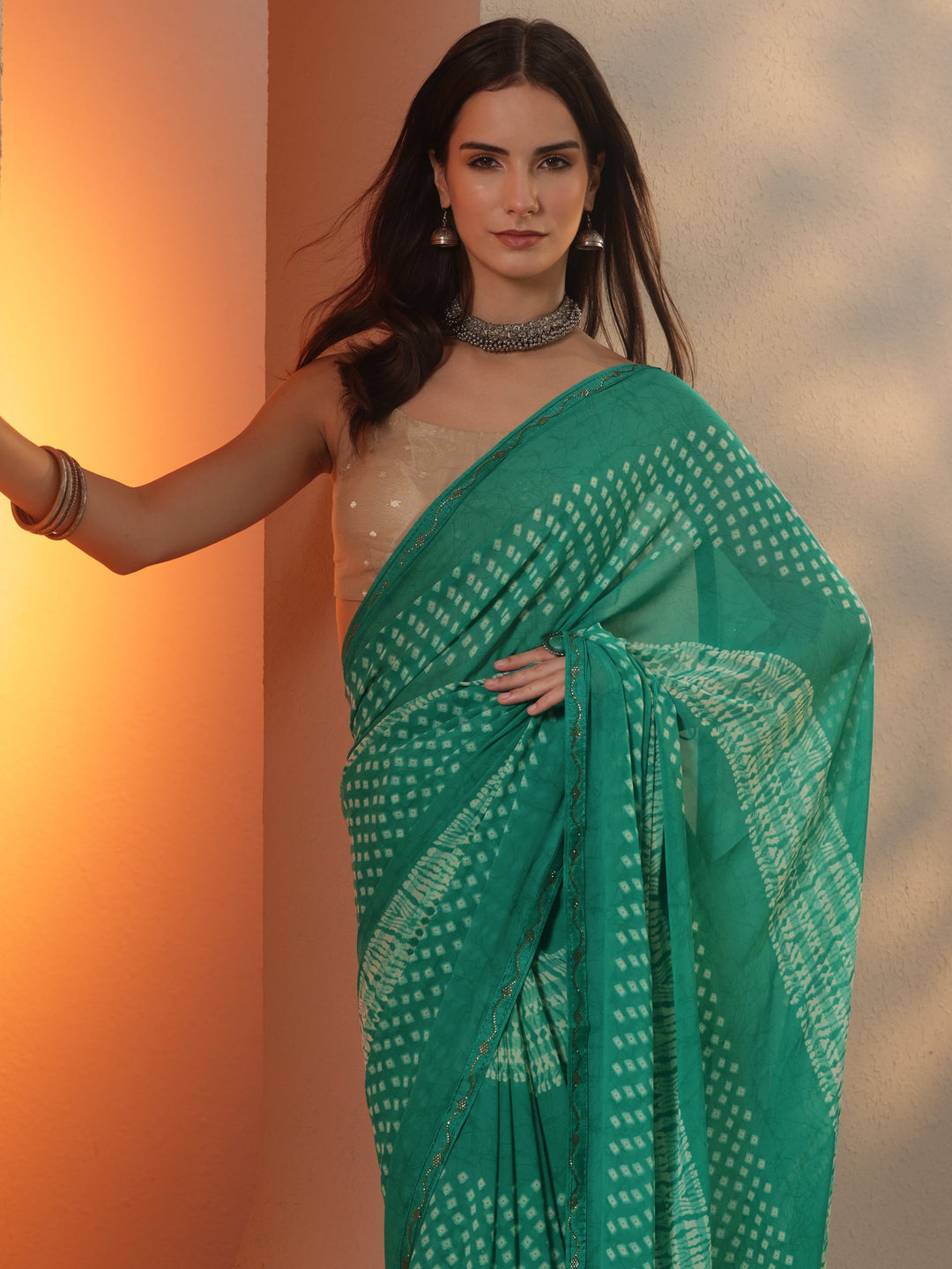  Green Bandhani Printed Georgette Saree With Unstitched Blouse Piece 
